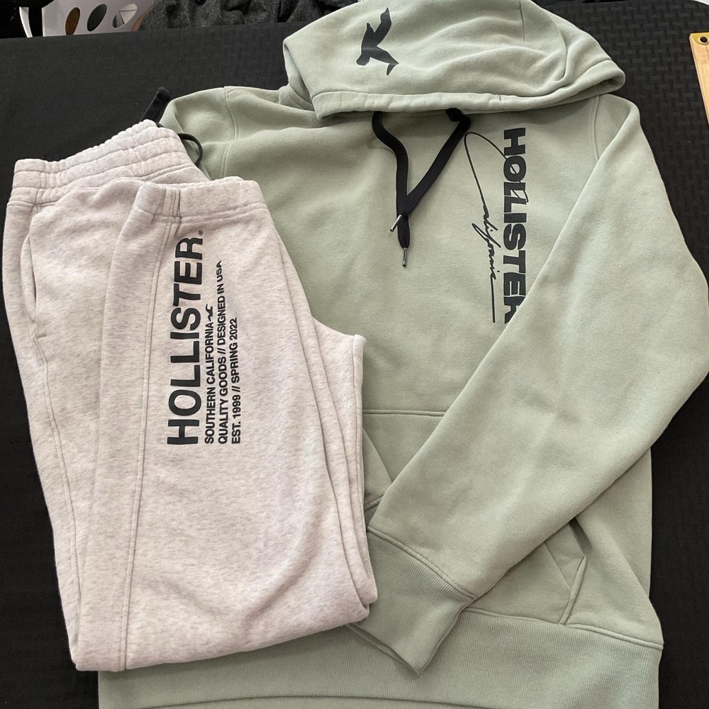 Hollister Hoodie & Sweatpants Mens Medium Green Gray Fleece Logo 2 Piece Set